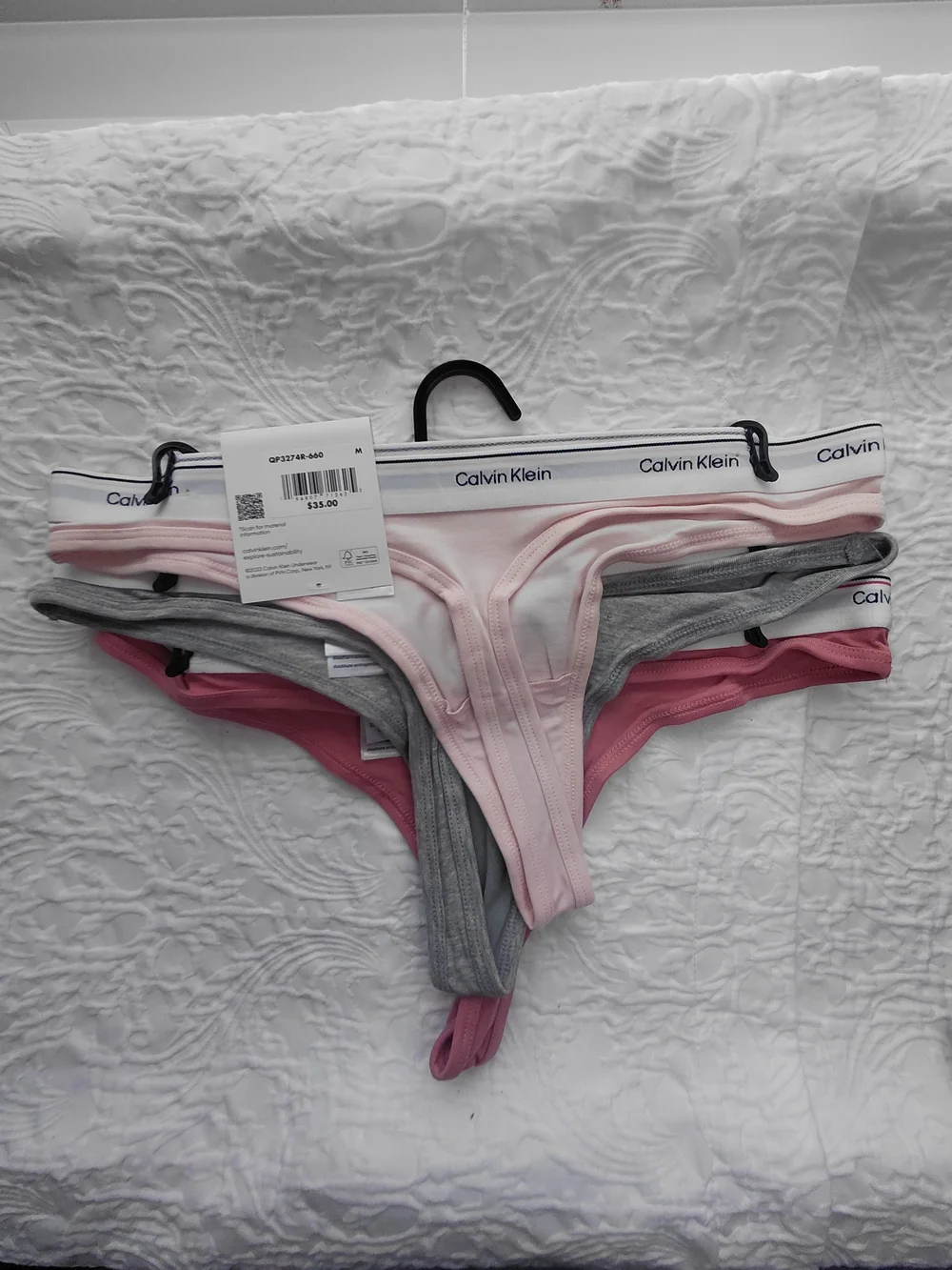 Calvin Klein Rose Pink, Gray And Light Pink Cotton Thong 3- Set Sz M